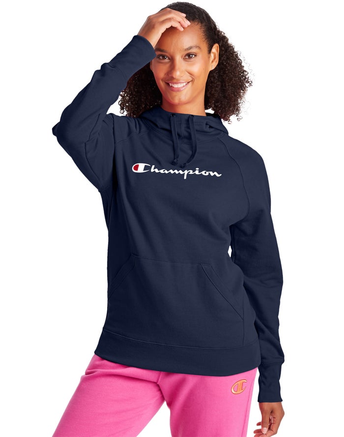 Champion Hoodie Dames - Donkerblauw - Powerblend Fleece Script Logo ( 657901-FQE )